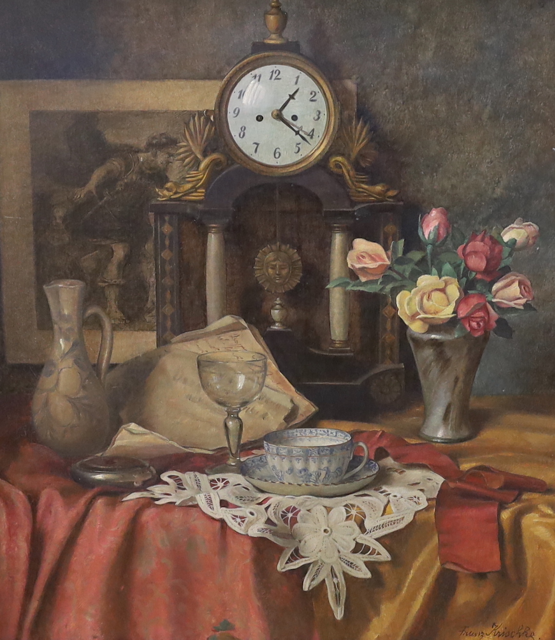 Franz Krischke (Austrian, 1885-1960), oil on board, Still life of flowers, vessels and mantel clock, signed, 54 x 49cm